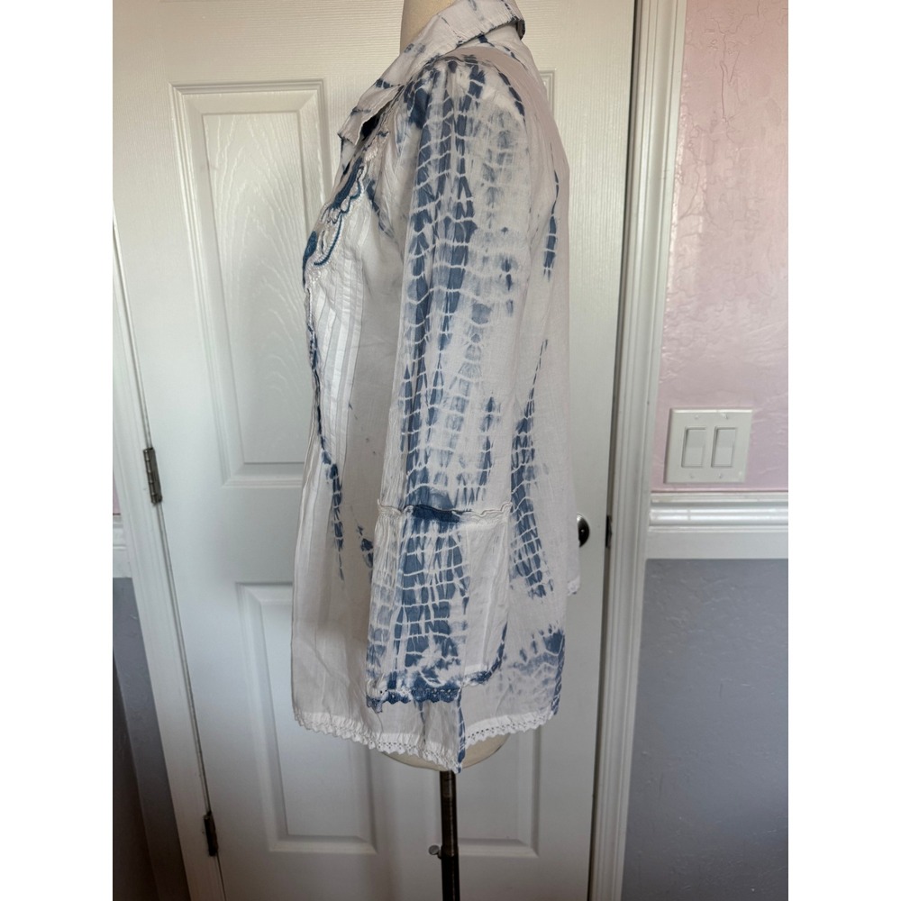 Parsley & Sage Womens Boho Tie Dye Embroidered Button Front Blouse White Blue M - Picture 6 of 12